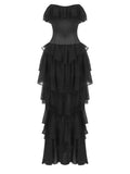 Abito da sera nero vintage senza spalline con balze – Vestito da gala e passerella con vita a corpetto in tessuto trasparente