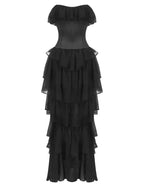 Abito da sera nero vintage senza spalline con balze – Vestito da gala e passerella con vita a corpetto in tessuto trasparente