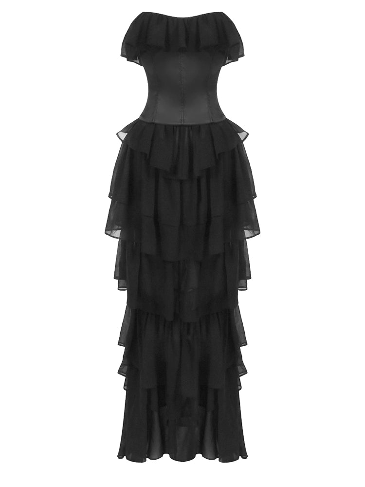 Abito da sera nero vintage senza spalline con balze – Vestito da gala e passerella con vita a corpetto in tessuto trasparente