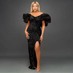 Sexy Ruffles V-neck Elegant Sequ High-End Maxi Dress Ladies Banquet Evening Dress Women Party Dre