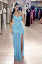 Custom Color Strapless Mermaid Long Prom Dress With High Slit