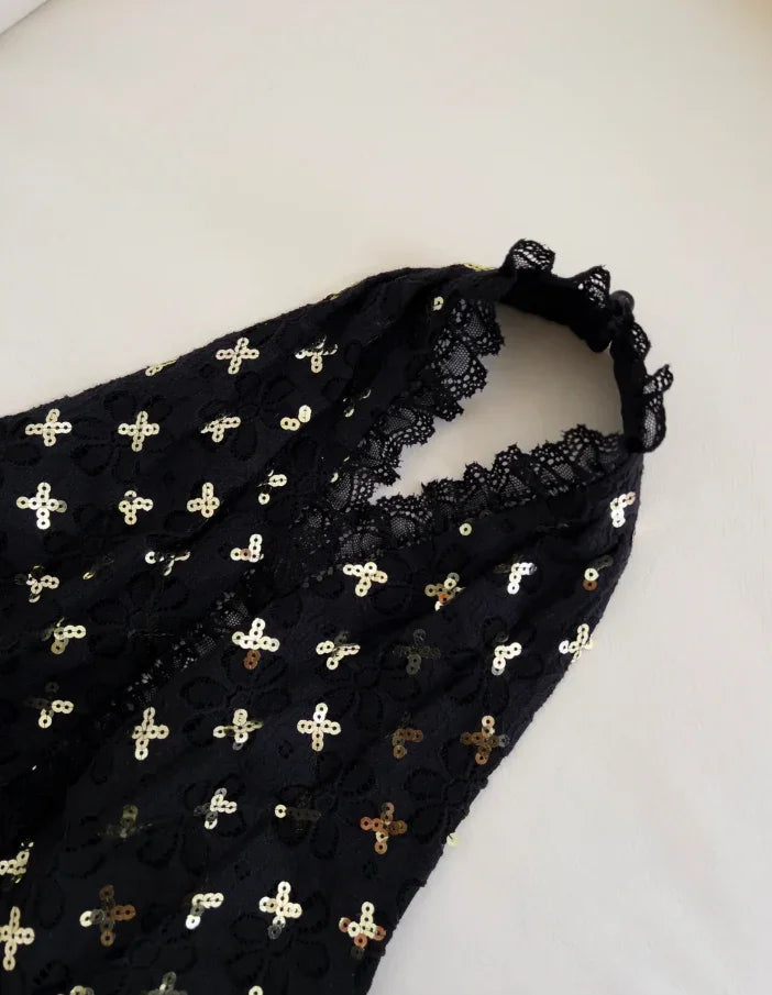Vestido de noite longo elegante preto com alças ao pescoço, cetim estampado, flores e lantejoulas, corte evasê, vestido de baile Y8568