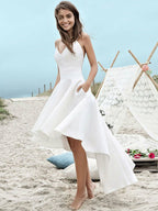 Beautiful Spaghetti Straps A Line Hi Lo V Neck Wedding Dress With Pockets