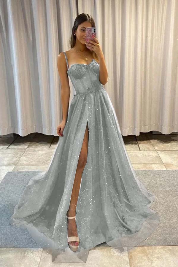 Sequined Spaghetti Strap Sleeveless Long Split Prom Dress