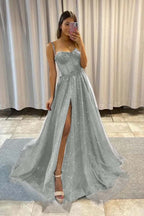 Sequined Spaghetti Strap Sleeveless Long Split Prom Dress