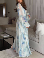 Robe longue en mousseline de soie à motifs floraux et à cordon de serrage à la taille
