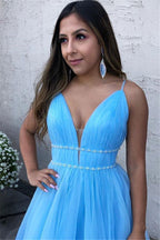 Spaghettiträger V-Ausschnitt Tüll Blau Ballkleid Ärmellos Lang