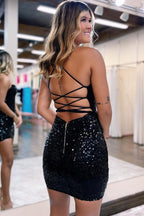 Vestidos de fiesta cortos con lentejuelas negras, tirantes ajustados y purpurina