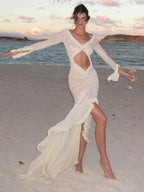 Abito Donna TARUXY con Scollo a V Profondo e Tocco di Trasparenza, Elegante Modello Aderente con Ricami Traforati, Perfetto per Vacanze e Spiaggia, Sexy con Balze e Spacco, Abito da Sera per Signore