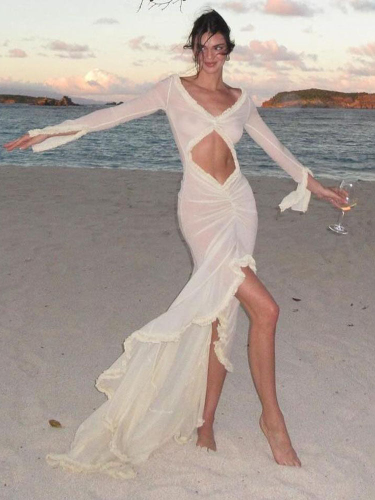 Abito Donna TARUXY con Scollo a V Profondo e Tocco di Trasparenza, Elegante Modello Aderente con Ricami Traforati, Perfetto per Vacanze e Spiaggia, Sexy con Balze e Spacco, Abito da Sera per Signore