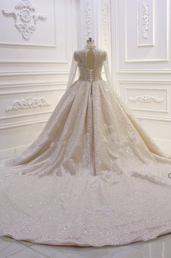 Satin High Neck Wedding Ball Gown With Long Sleeves And Sequins