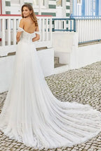 Off The Shoulder Split Lace Wedding Dress With Floral Bodice