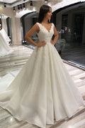 Stunning Sleeveless V Neck Long A Line Lace Wedding Dress