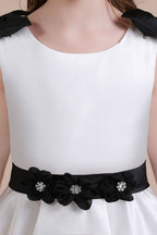 BMbridal A Line Satin Knee Length Flower Girl Dress Jewel Neck Bow Rhinestones
