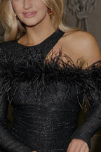 Cold Shoulder Feather Trim Shimmery Asymmetric Mini Dresses-Black Pre Order