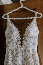 Modern Spaghetti Straps Jewel Mermaid Wedding Dress With Lace V Neck