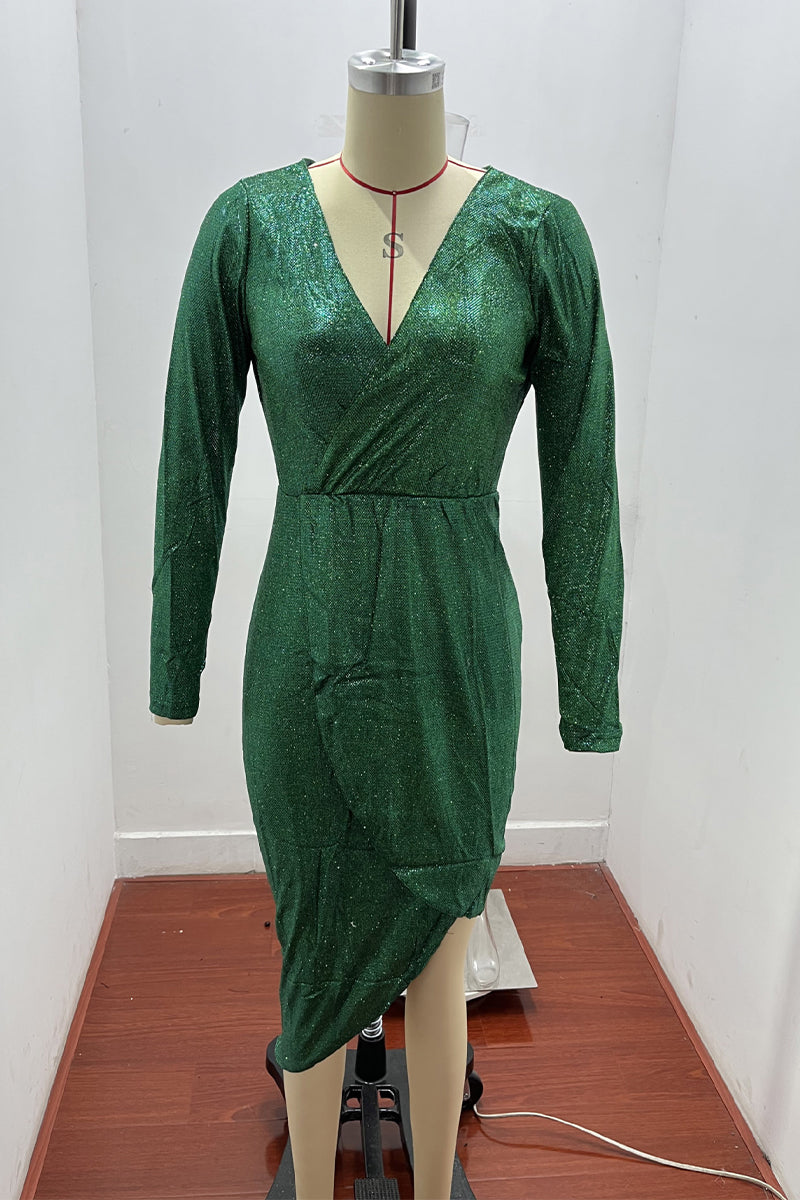 Modisches, elegantes, solides Patchwork-Abendkleid mit Pailletten und V-Ausschnitt (5 Farben) 