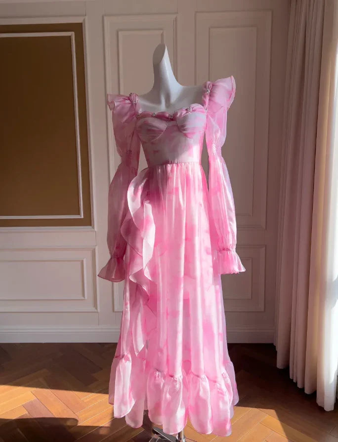 Vestido de Festa Longo em Linha A com Estampa de Chiffon Rosa Bonito Y8569