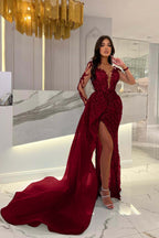 Shiny Blue Split Long Sleeves Mermaid Beaded Prom Dress With Appliques Tulle