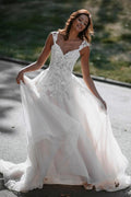 Charming Tulle Backless Long A Line V Neck Wedding Dress With Lace