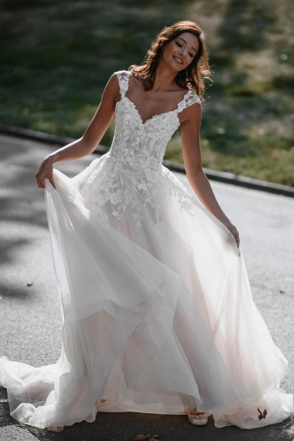 Charming Tulle Backless Long A Line V Neck Wedding Dress With Lace