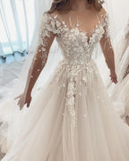 Beautiful Sweetheart Long Sleeve Tulle A Line Wedding Dress With Appliques Lace
