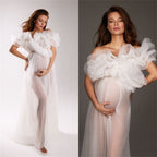 Robe de soirée pour femmes enceintes en tulle transparent à une épaule, manches courtes décolletées