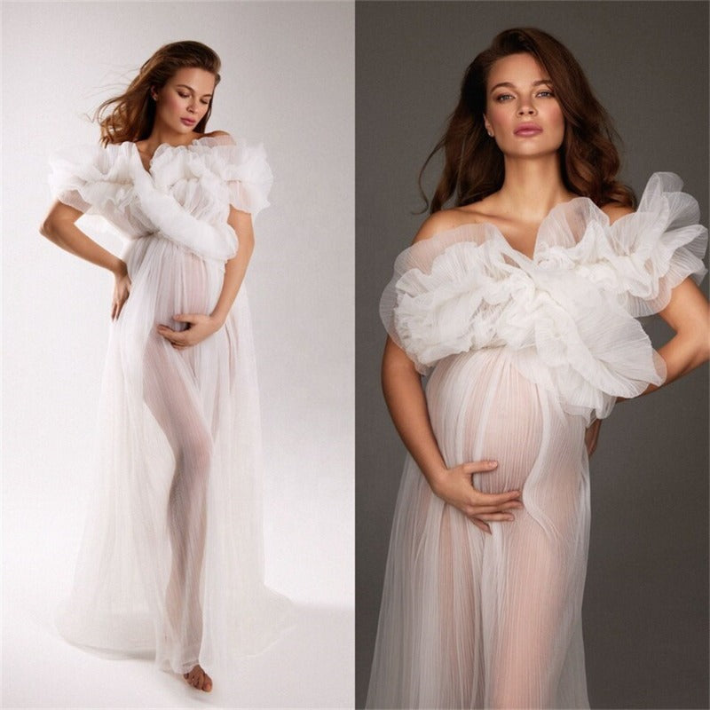 Robe de soirée pour femmes enceintes en tulle transparent à une épaule, manches courtes décolletées