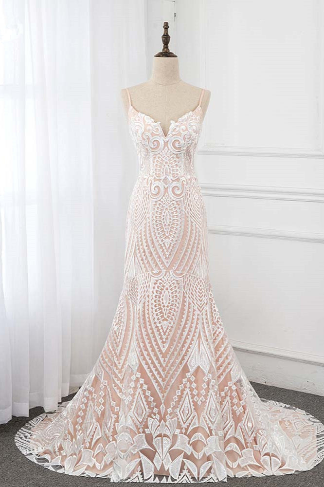 BMbridal Ivory Wedding Dress Spaghetti Straps V Neck Appliques Sleeveless Gown