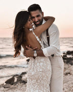 Charming V Neck Long Mermaid Floral Wedding Dress With Lace Backless