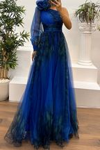 Vestidos de Noite Sexy para Baile de Finalistas com Estampa Floral, Fenda, Transparência em Tule e Decote Assimétrico (6 Cores)