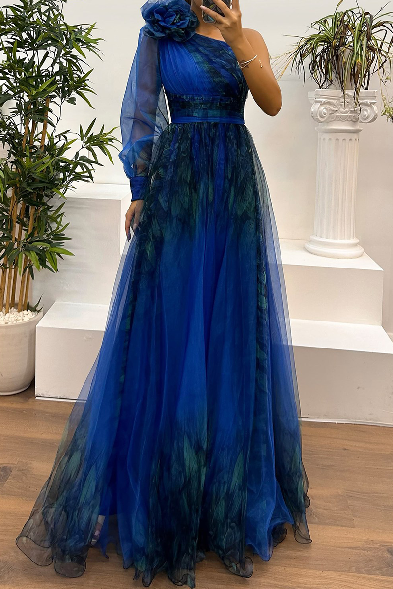 Vestidos de Noite Sexy para Baile de Finalistas com Estampa Floral, Fenda, Transparência em Tule e Decote Assimétrico (6 Cores)