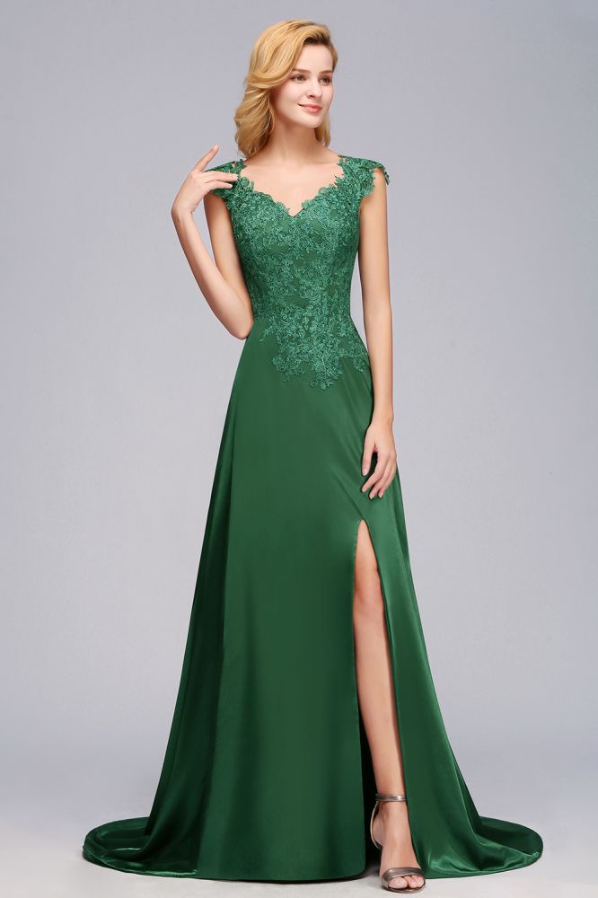 Cap Sleeve aline appliques Bridesmaid Dress Green Side Split Wedding Party Dress with Sweep Train