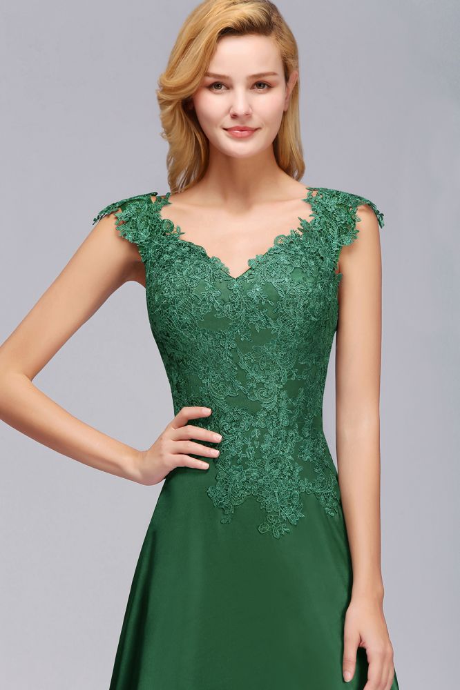 Cap Sleeve aline appliques Bridesmaid Dress Green Side Split Wedding Party Dress with Sweep Train