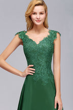 Cap Sleeve aline appliques Bridesmaid Dress Green Side Split Wedding Party Dress with Sweep Train