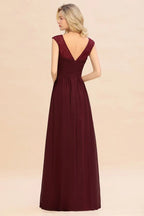Cap Sleeve Burgundy Evening Maxi Gown Chiffon Floor Length Bridesmaid Dress