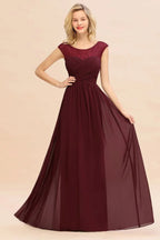 Cap Sleeve Burgundy Evening Maxi Gown Chiffon Floor Length Bridesmaid Dress