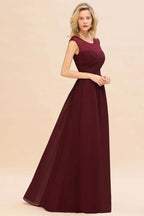 Cap Sleeve Burgundy Evening Maxi Gown Chiffon Floor Length Bridesmaid Dress