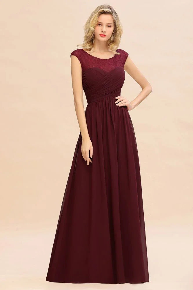 Cap Sleeve Burgundy Evening Maxi Gown Chiffon Floor Length Bridesmaid Dress