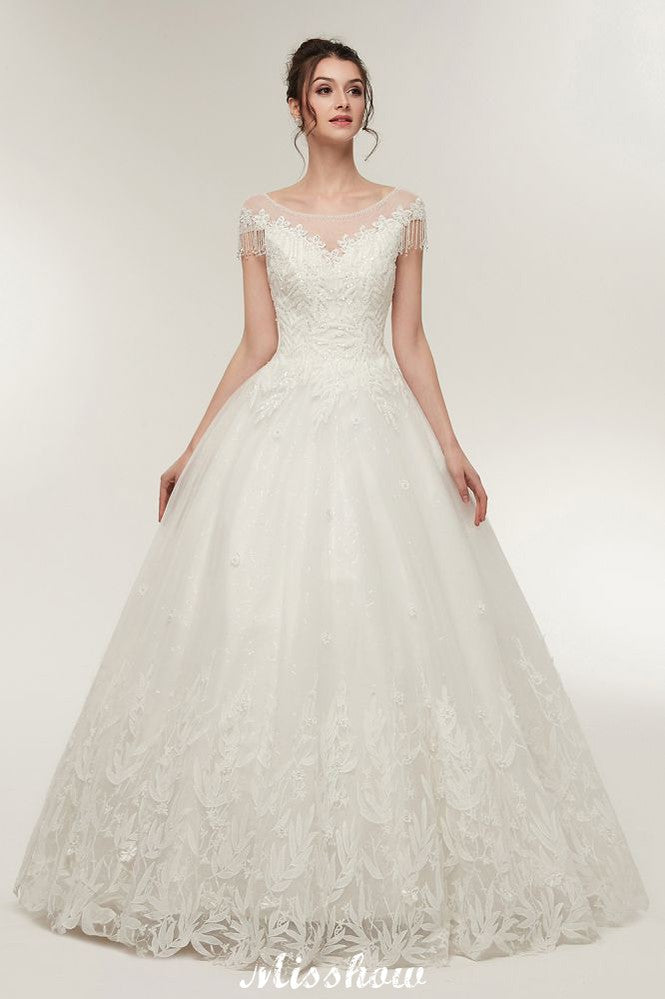 Cap Sleeves A-line Scoop Floor Length Lace Appliques Wedding Dresses