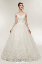 Cap Sleeves A-line Scoop Floor Length Lace Appliques Wedding Dresses