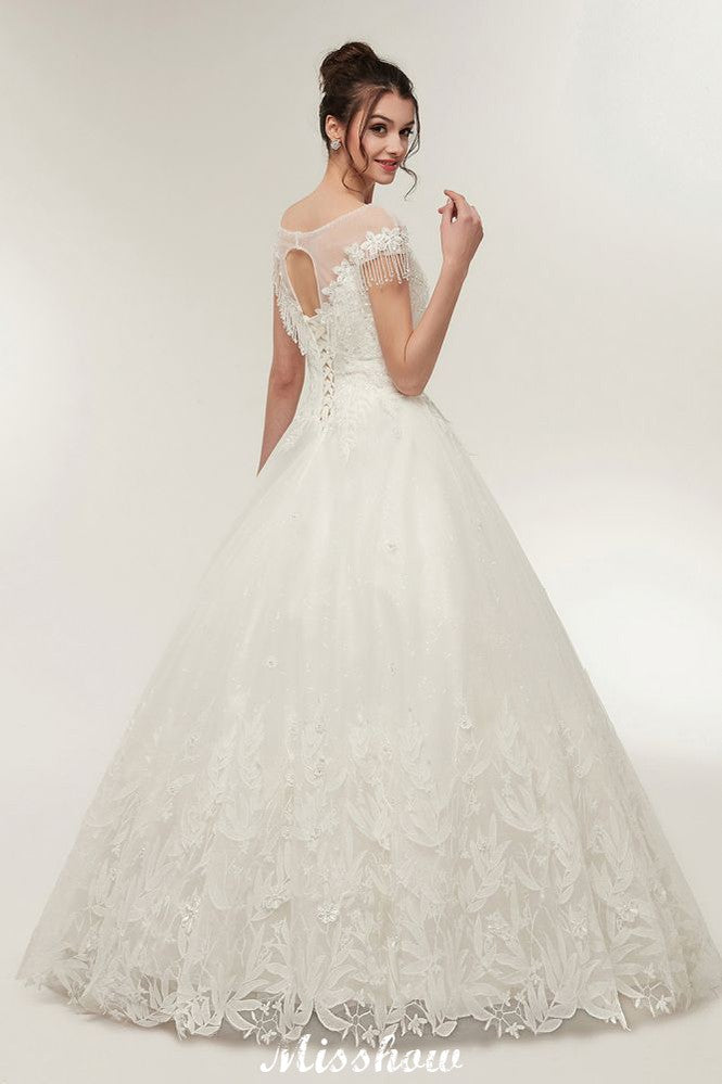 Cap Sleeves A-line Scoop Floor Length Lace Appliques Wedding Dresses