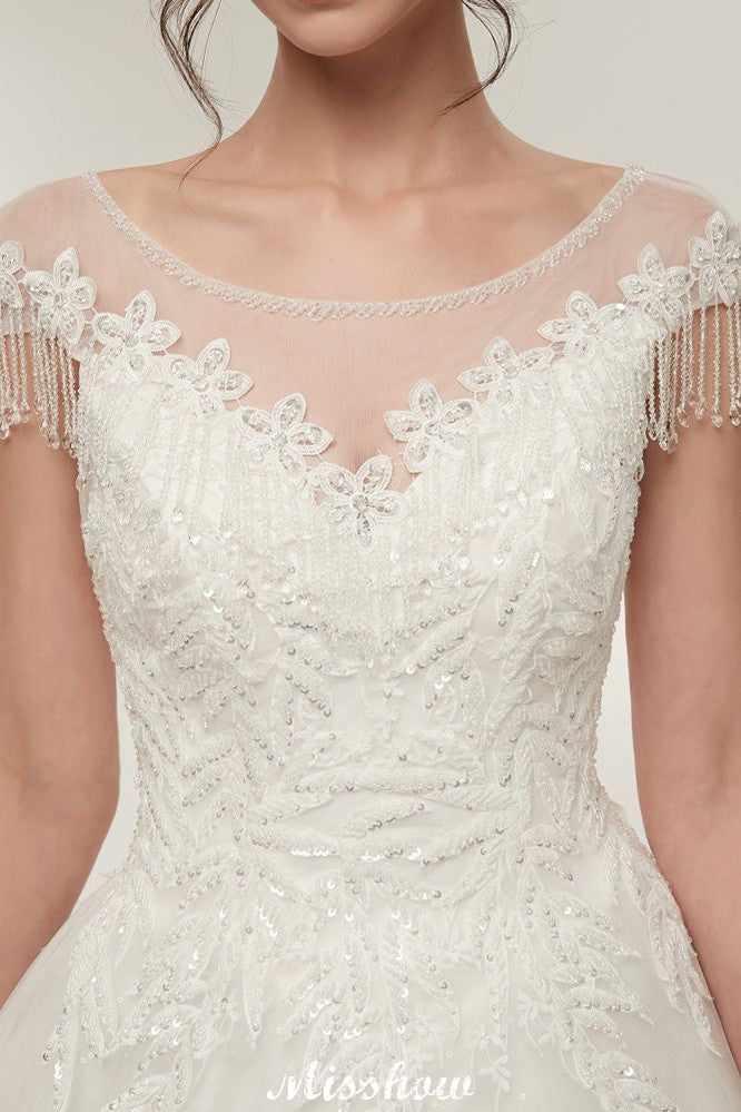 Cap Sleeves A-line Scoop Floor Length Lace Appliques Wedding Dresses