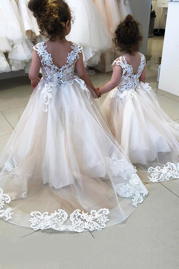 Sleeveless Flower Girl Dress With Appliques And Tulle A Line Chapel Train