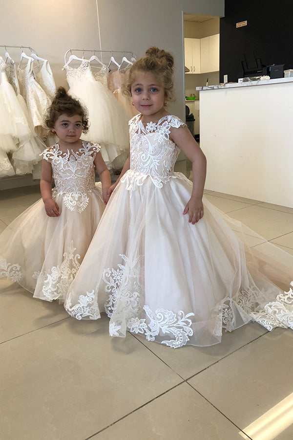 Sleeveless Flower Girl Dress With Appliques And Tulle A Line Chapel Train
