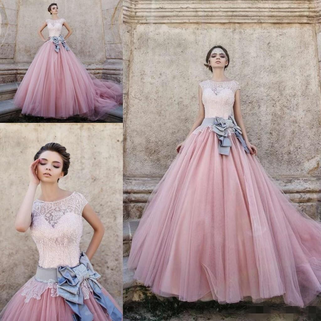 Cap Sleeves Ball-Gown Lace Bowknot Pink Tulle Wedding Dresses