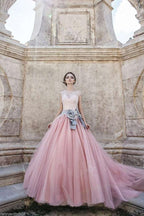 Cap Sleeves Ball-Gown Lace Bowknot Pink Tulle Wedding Dresses