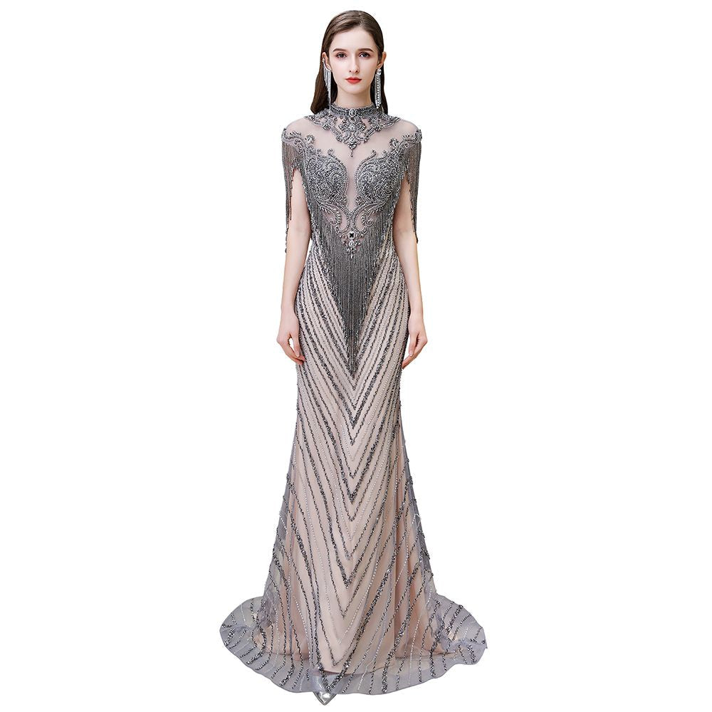 Cap Sleeves High Neck Sparkly Beads Floor-Length Mermaid Evening Party Gown