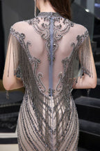 Cap Sleeves High Neck Sparkly Beads Floor-Length Mermaid Evening Party Gown