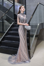 Cap Sleeves High Neck Sparkly Beads Floor-Length Mermaid Evening Party Gown